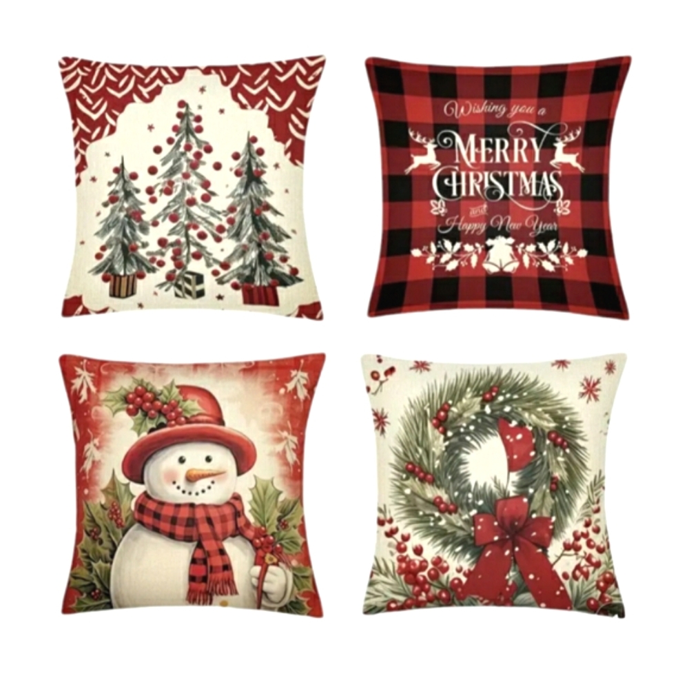 NEW 4-Pc Christmas Wreath Snowman Tree Pillow Cover Set 18x18 Linen